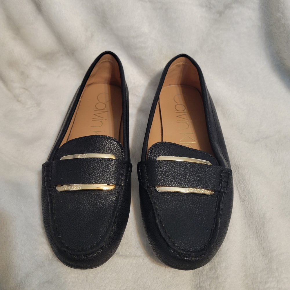 Calvin Klein Navy Vegan Leather Loafers with Gold Hardware